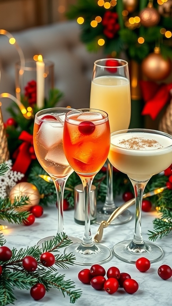 A collection of Christmas cocktails including a classic cocktail, cranberry mimosa, and eggnog on a festive table.